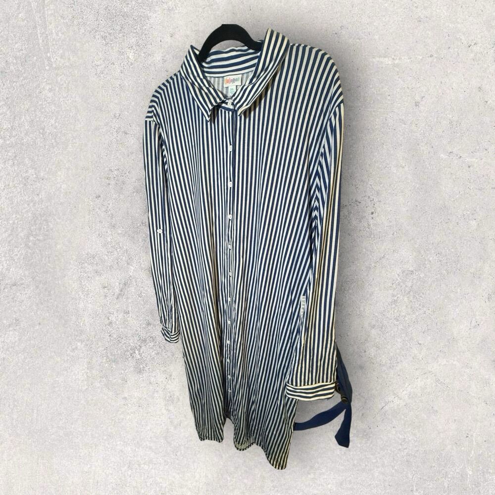 LuLaRoe NWT Ellie Dress Size 2XL Classic Shirt Dress Blue White Striped Print